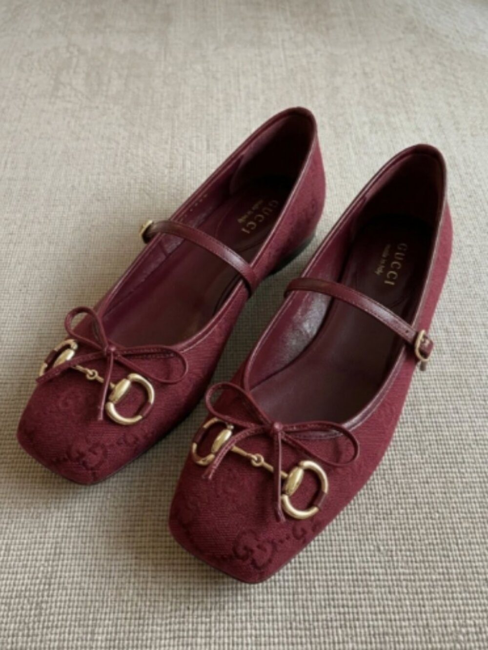 Gucci Burgundy GG Canvas Horsebit & Bow Mary Jane Flats